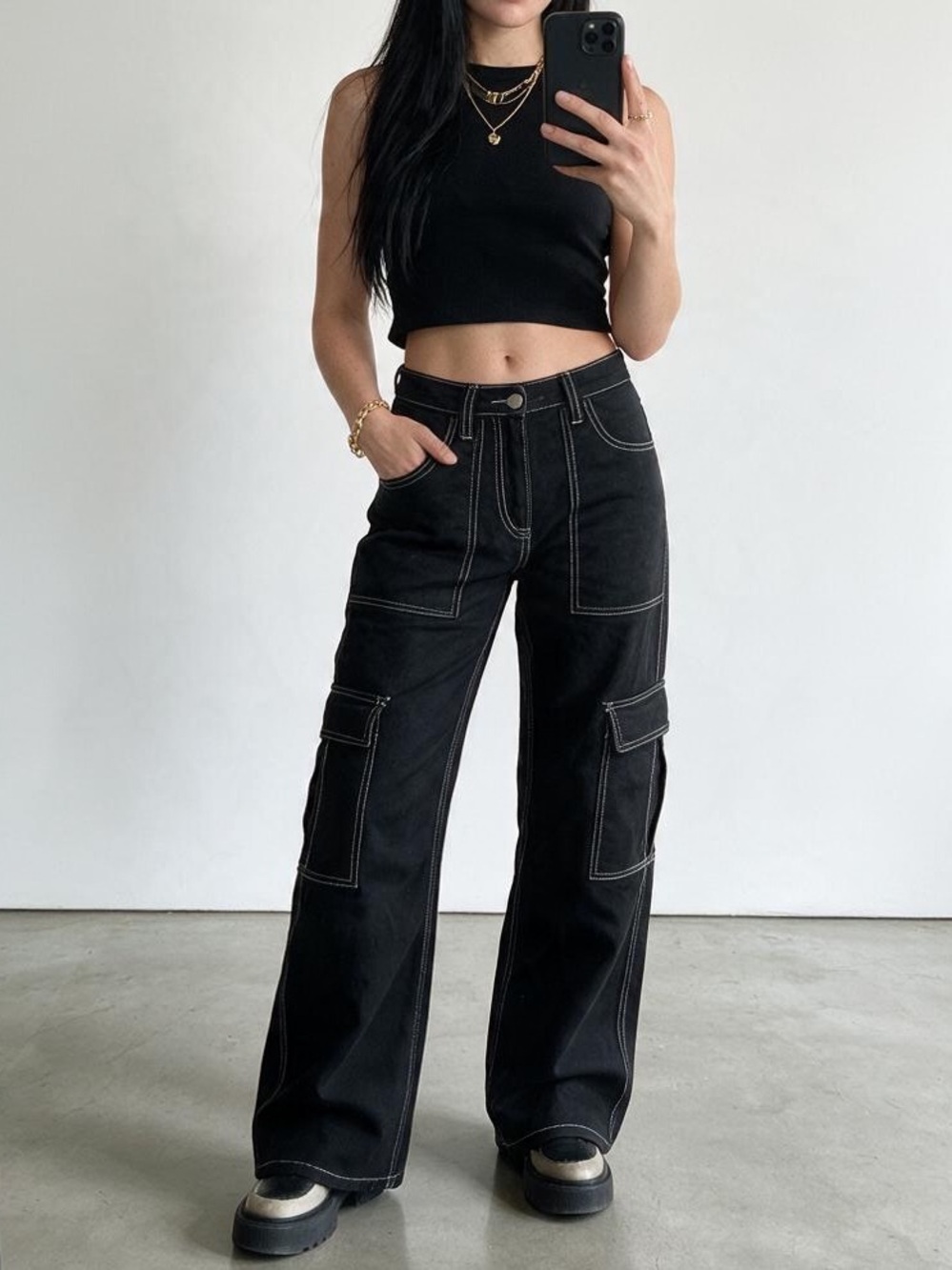 Aphrodite Hot Topic Black Cargo Jeans 30W x 32L Contrast Stitch